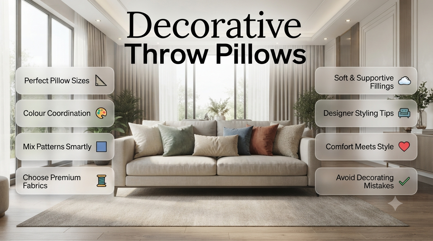 Stylish decorative throw pillows arranged on a modern sofa with coordinated colours, textures, and patterns, showcasing interior design ideas for every room.