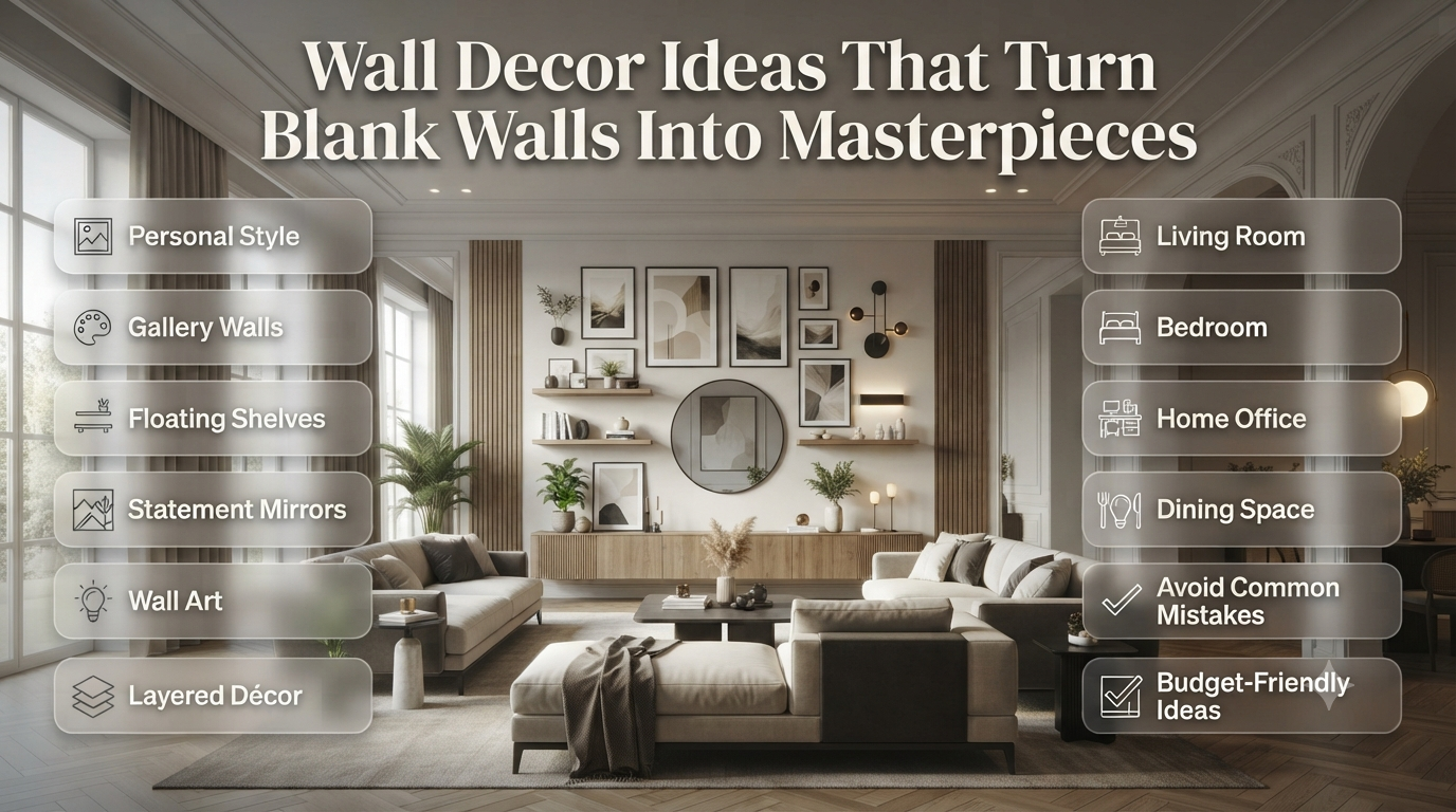 Modern living room showcasing creative wall decor ideas with gallery frames, floating shelves, mirrors, plants, and elegant artwork transforming blank walls.