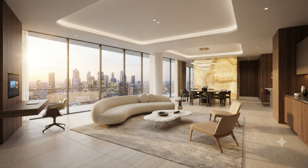 Furniture planning and layout featuring balanced sofa placement, functional room arrangement, open pathways, modern furniture, and stylish interior design.