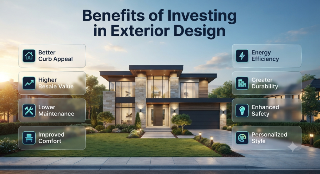 Modern home's exterior showcasing premium architectural design with landscaping, energy-efficient features, durable materials, and key exterior design benefits highlighted in infographic format.