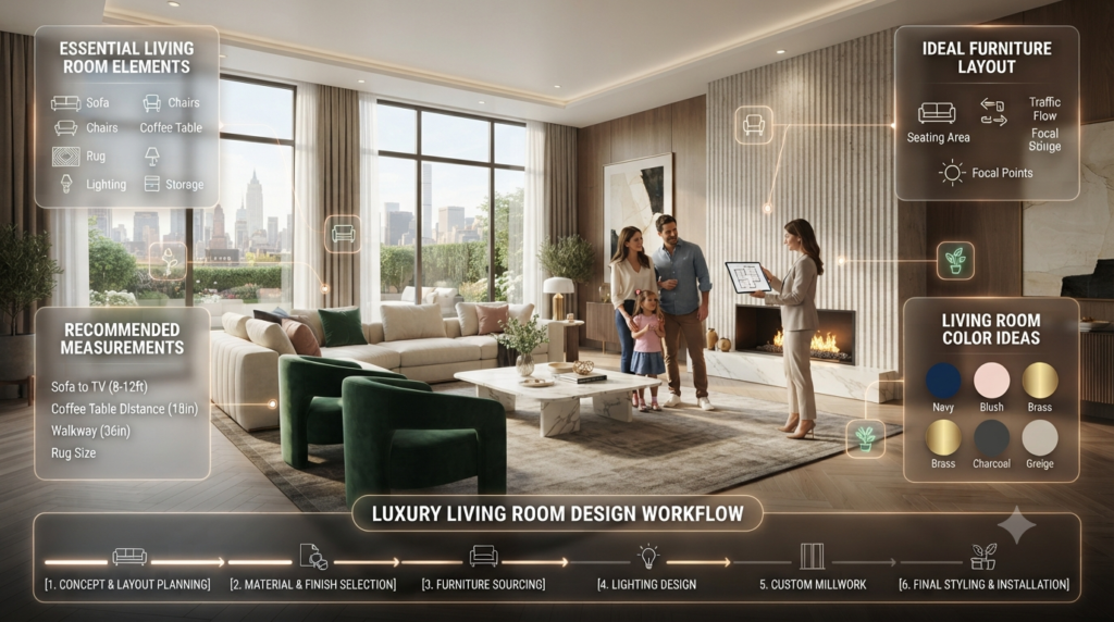 Luxury residential living room featuring comfortable seating, balanced furniture layout, layered lighting, functional storage, elegant décor, natural daylight, and modern interior design inspiration.