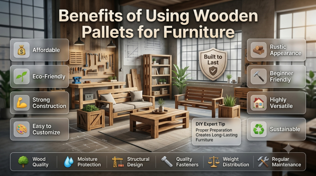 DIY pallet furniture infographic highlighting affordability, durability, sustainability, customization, eco-friendly benefits, and long-lasting wooden furniture design.
