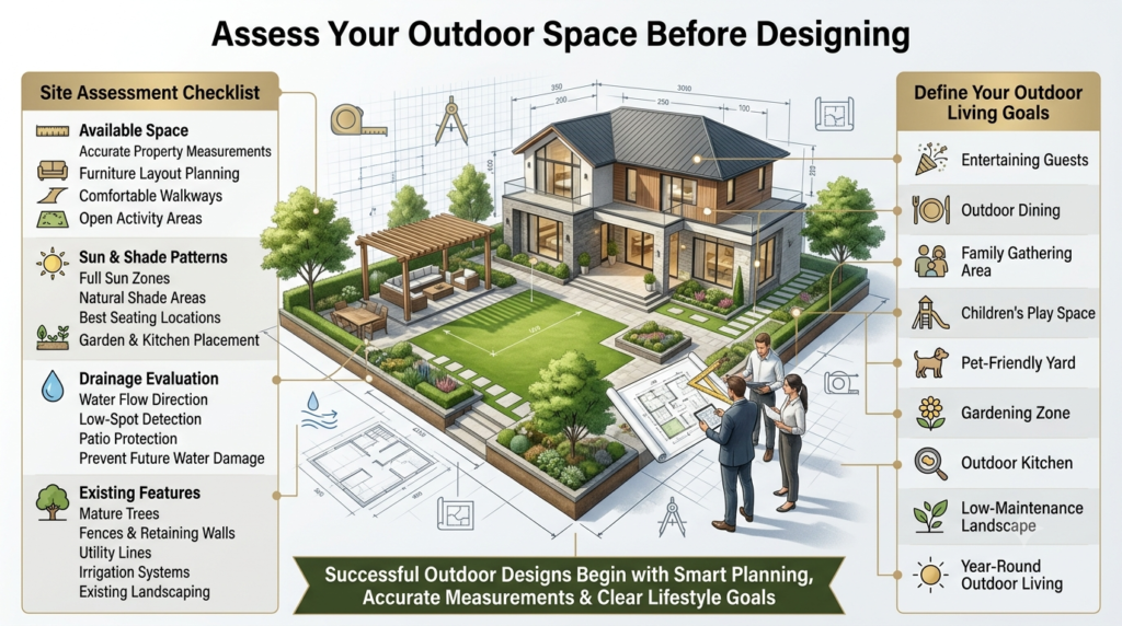Luxury outdoor planning infographic showing a modern backyard with site assessment, sun and shade analysis, drainage evaluation, existing landscape features, and outdoor living goals.