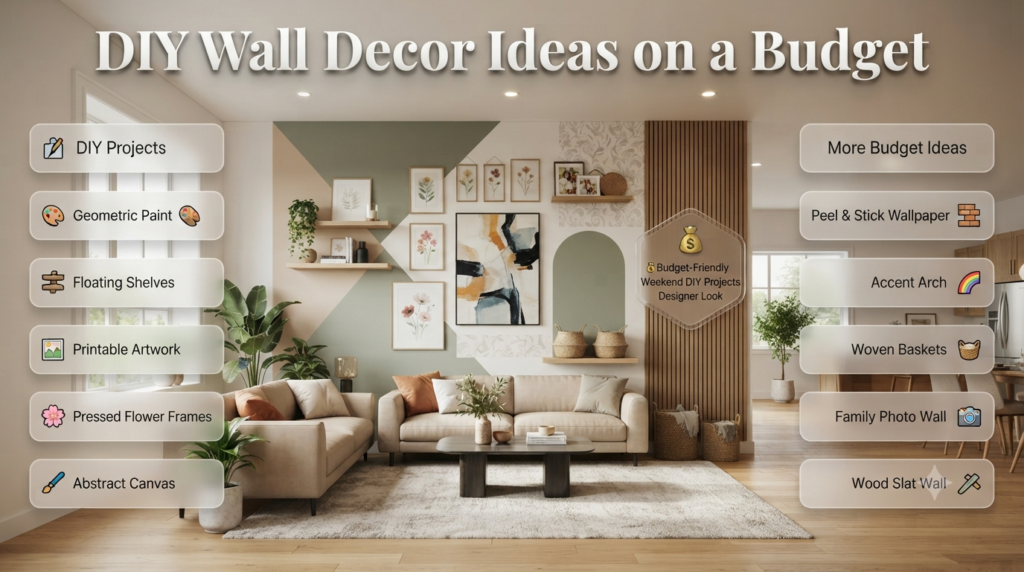 Affordable DIY wall decor projects featuring floating shelves, framed artwork, peel-and-stick wallpaper, geometric paint, and wood slat accent walls.