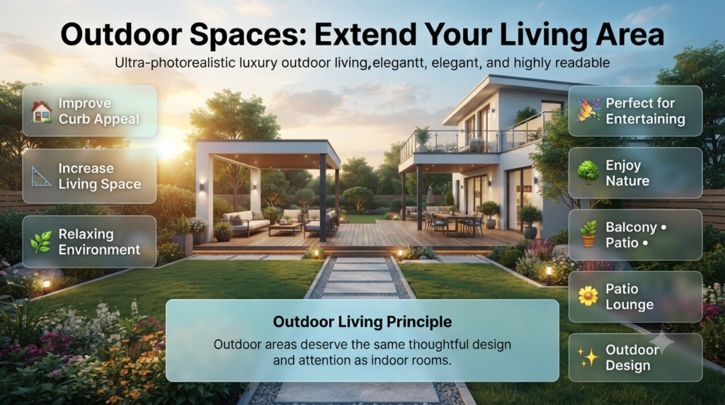 Luxury outdoor living space infographic featuring a modern patio, landscaped backyard, balcony, and relaxing entertainment area designed to extend everyday living.