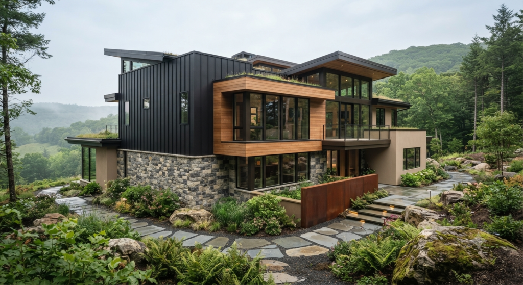 Exterior color combinations featuring black siding, white trim, natural wood accents, stone finishes, modern doors, and beautifully coordinated home exteriors.