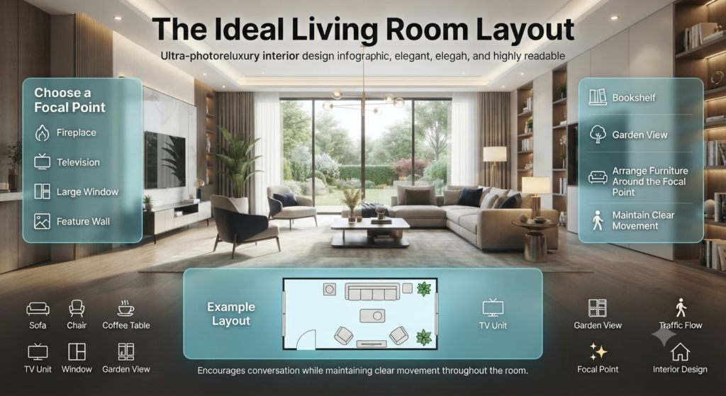 Luxury living room layout infographic featuring a focal point, balanced furniture arrangement, conversation seating, and clear traffic flow in a modern interior.