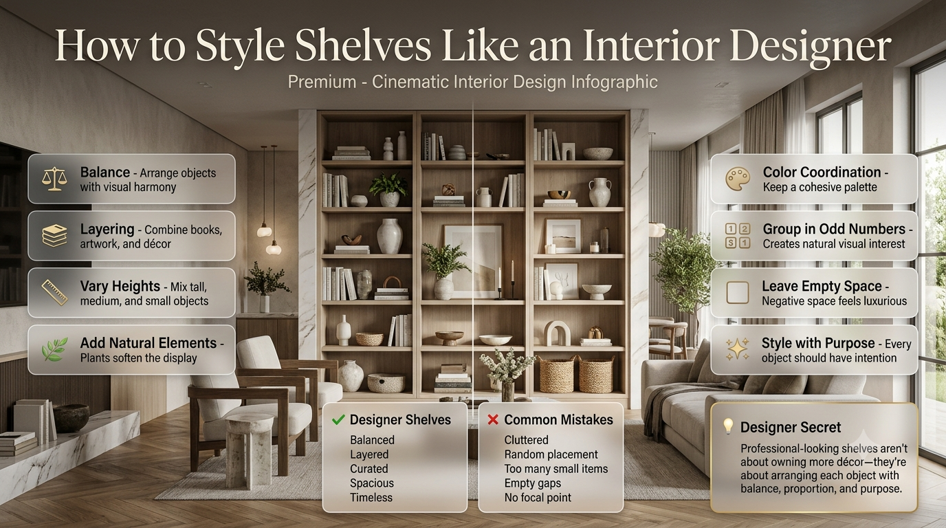 Luxury shelf styling infographic featuring professionally decorated floating shelves with books, plants, vases, artwork, and balanced designer décor ideas.