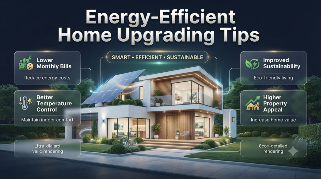 Energy-efficient home upgrading infographic showing smart solutions for lower bills, comfort, sustainability, and property appeal.