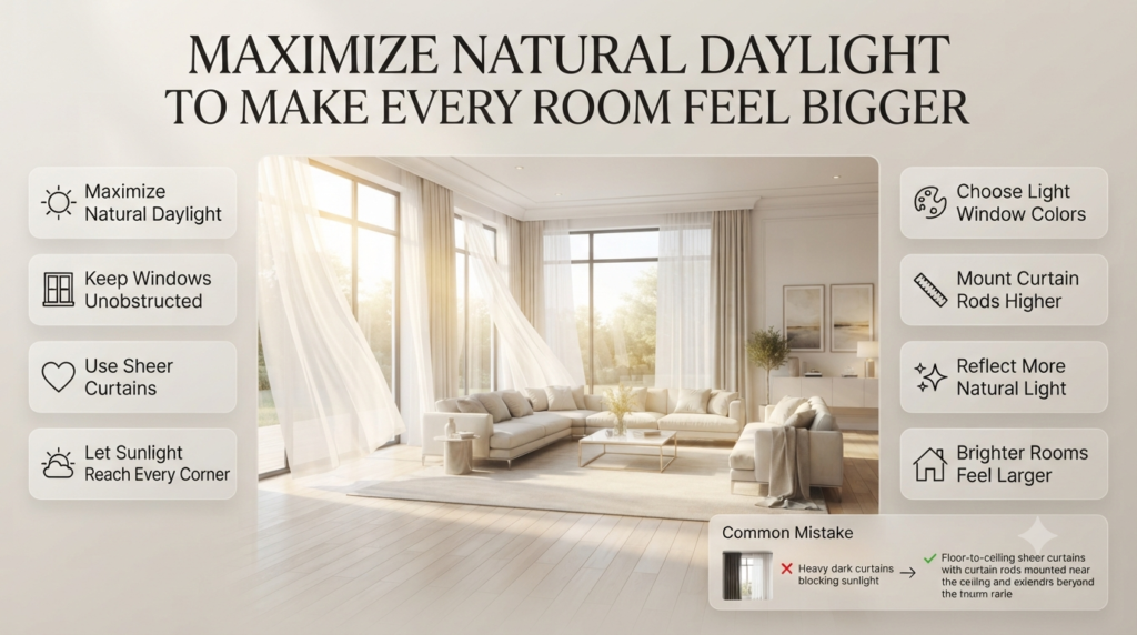 Bright modern living room using sheer curtains, unobstructed windows, and light-colored window treatments to maximize natural daylight and create a spacious feel.