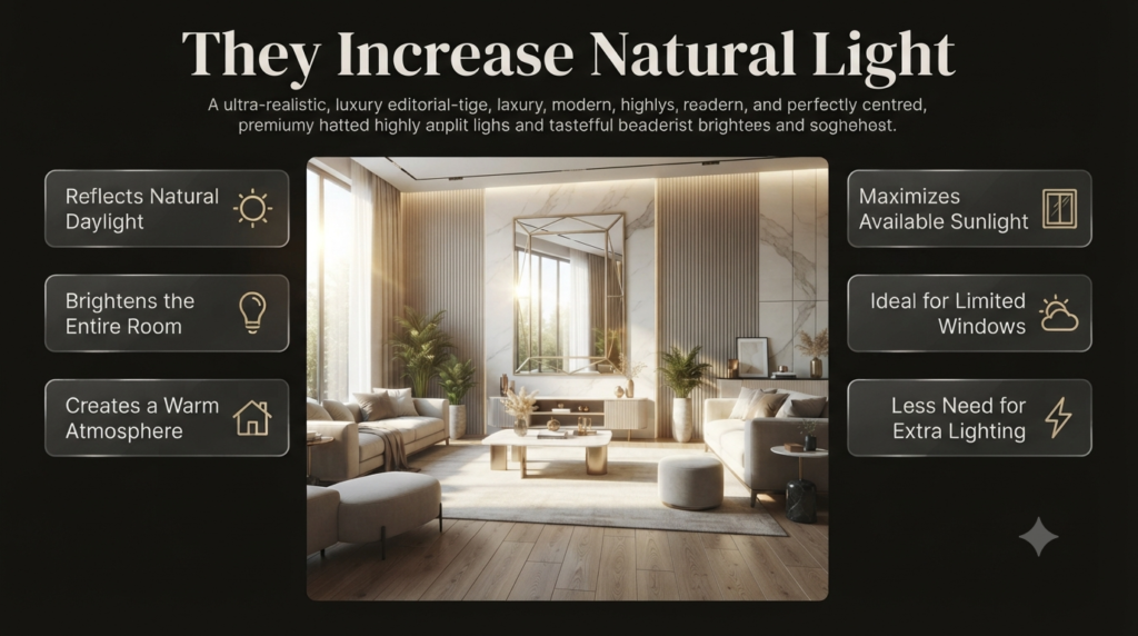 Decorative mirror reflecting natural sunlight into a modern living room, illustrating how mirrors brighten interiors and maximize daylight.