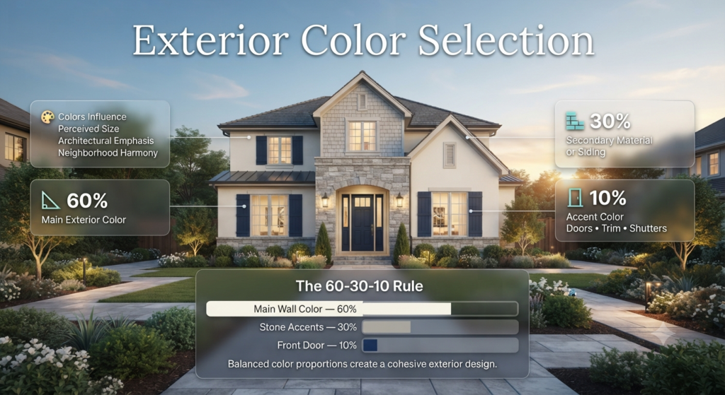 Infographic explaining the 60-30-10 exterior color rule with a modern home, balanced color proportions, and accent highlights for walls, siding, and front door.