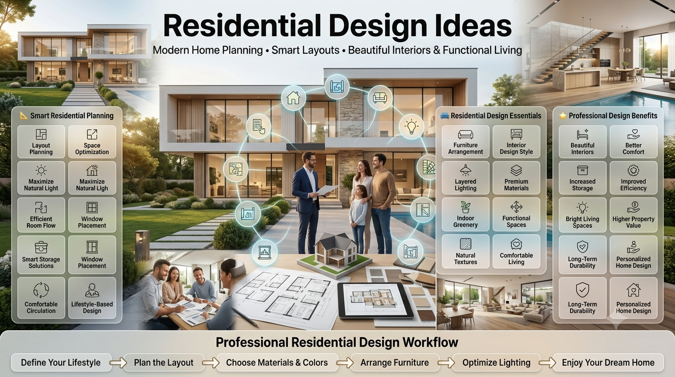 Luxury modern residential home featuring smart layout planning, elegant interior design, functional furniture arrangement, natural lighting, architectural blueprints, and contemporary living inspiration.