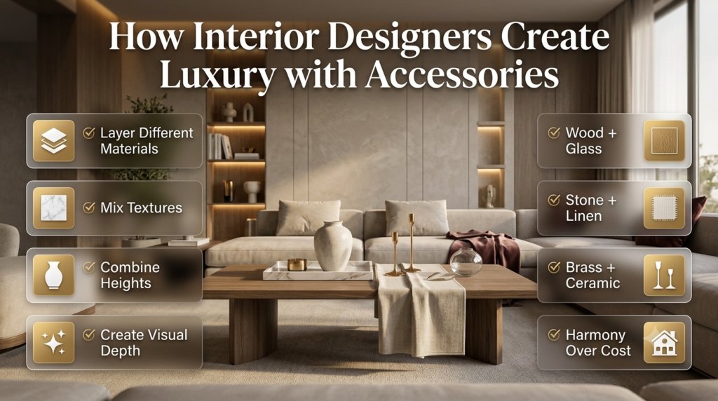 Luxury interior design featuring layered home accessories including marble, linen, brass, ceramic, wood, glass, and velvet arranged in a sophisticated living room.