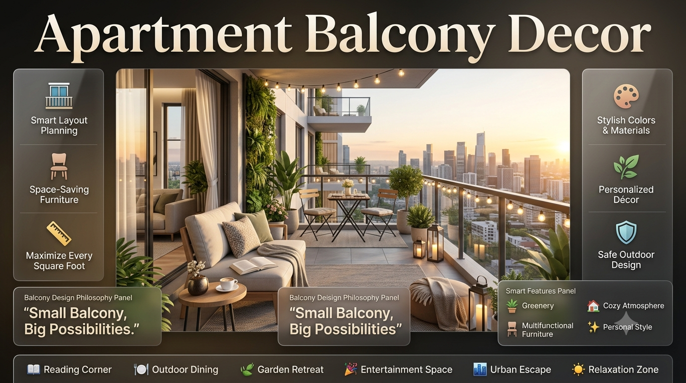 Modern apartment balcony decor infographic featuring cozy seating, plants, ambient lighting, space-saving furniture, and stylish outdoor design ideas.Apartment Balcony Decor Ideas for Stylish Small Spaces