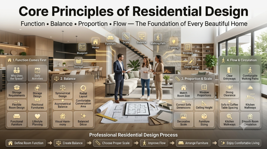 Modern residential interior illustrating the core principles of home design, including functional layouts, balanced furniture placement, proper scale, room circulation, architectural planning, and luxury interior design..Residential Design Ideas: Latest Creating a Beautiful, Designs and Comfortable Home