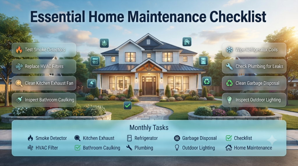 Monthly home maintenance checklist infographic featuring smoke detector testing, HVAC filter replacement, plumbing inspection, kitchen cleaning, outdoor lighting, and preventive home care tasks.