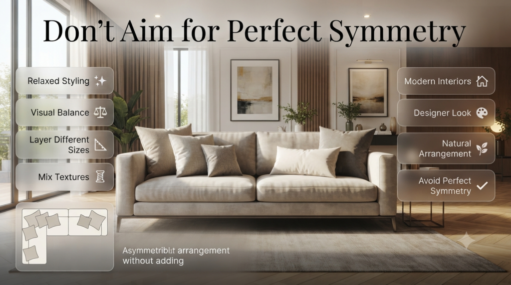 Modern sofa styled with asymmetrical decorative throw pillows, demonstrating a relaxed yet balanced interior design arrangement with varied cushion placement.