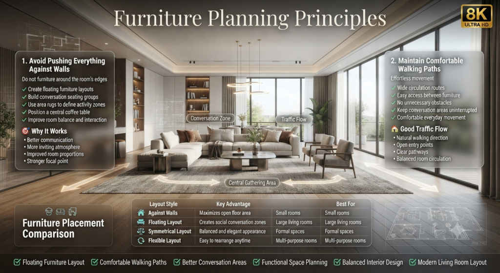 Luxury living room infographic illustrating conversation-focused furniture layouts, focal point planning, comfortable traffic flow, and modern interior design principles for functional home improvement.