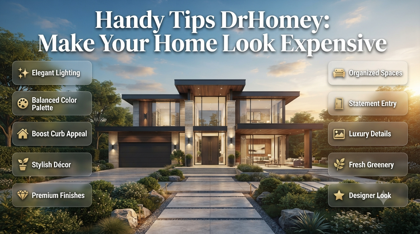 Luxury home makeover infographic featuring elegant interior and exterior upgrades, premium décor, lighting, organization, and affordable design tips for a high-end home.