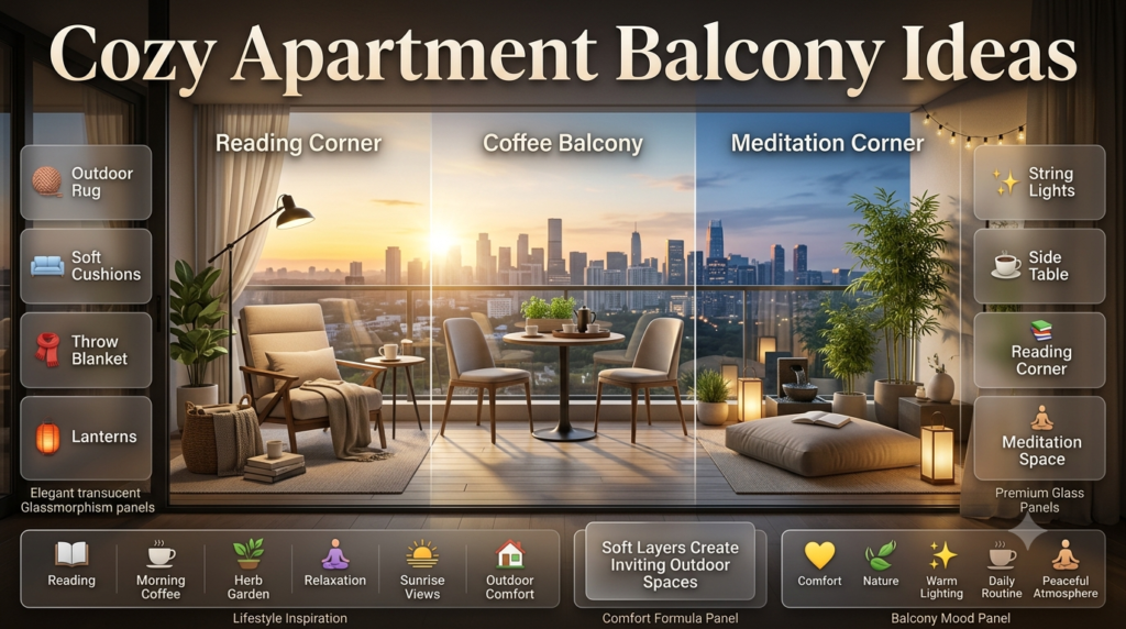 Cozy apartment balcony infographic featuring a reading corner, coffee nook, meditation space, outdoor rug, cushions, string lights, and stylish small-space décor.