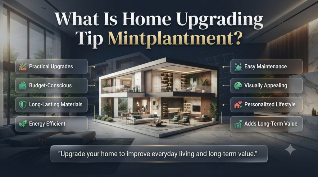 Modern home upgrading infographic explaining the Home Upgrading Tip Mintplantment concept with practical, budget-friendly, energy-efficient home improvement ideas.