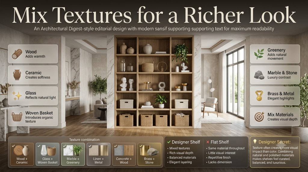 Luxury shelf styling infographic showing how wood, ceramic, glass, woven baskets, marble, metal, and plants create layered designer shelves.