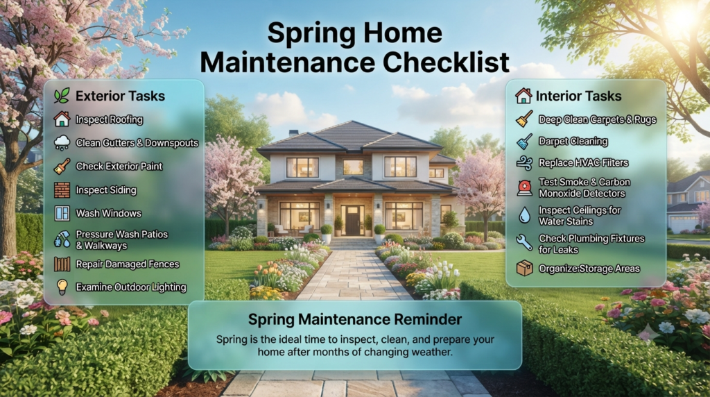 Professional spring home maintenance infographic featuring roof inspection, gutter cleaning, HVAC filter replacement, plumbing checks, deep cleaning, and seasonal home care tasks.