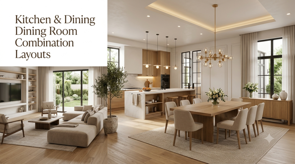 A luxury open-concept home featuring a modern kitchen with an island, an elegant dining room, and a connected living room with clearly defined functional spaces.