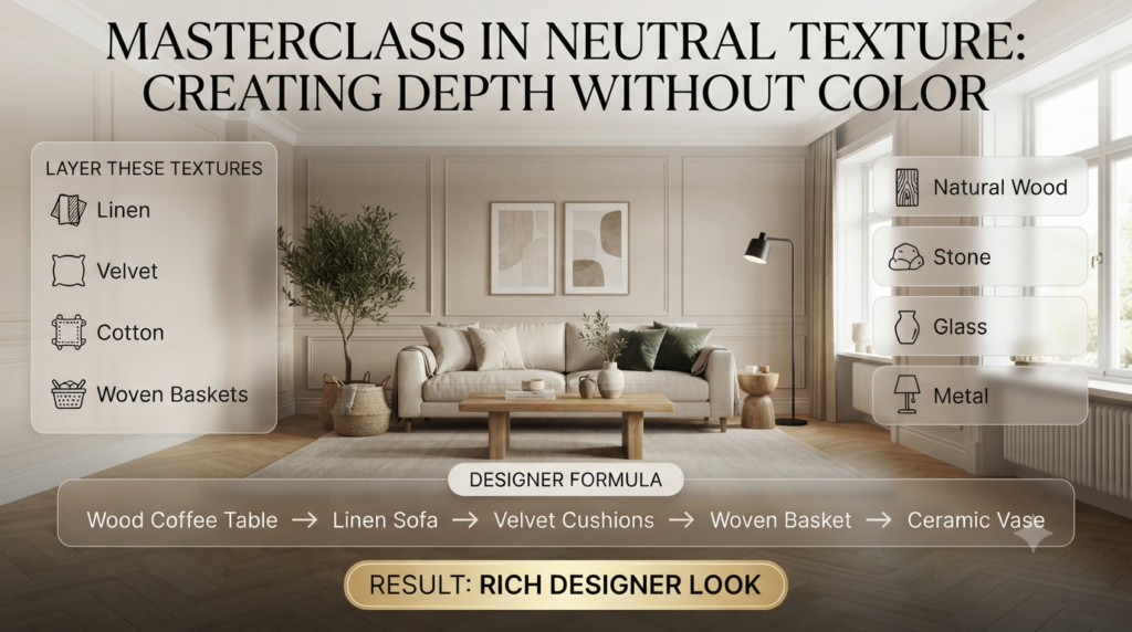 Designer-inspired interior featuring linen, velvet, wood, stone, glass, metal, woven baskets, and ceramic decor layered to create a luxurious home aesthetic.