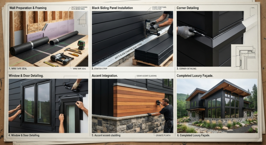 Installing black siding on a modern home with exterior wall preparation, insulation, siding panels, fastening techniques, trim installation, and professional finishing.