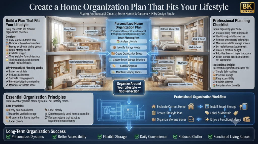 Luxury home organization infographic showing how to create a personalized home organization plan based on lifestyle, storage needs, planning checklists, and professional organization principles for long-term functionality.