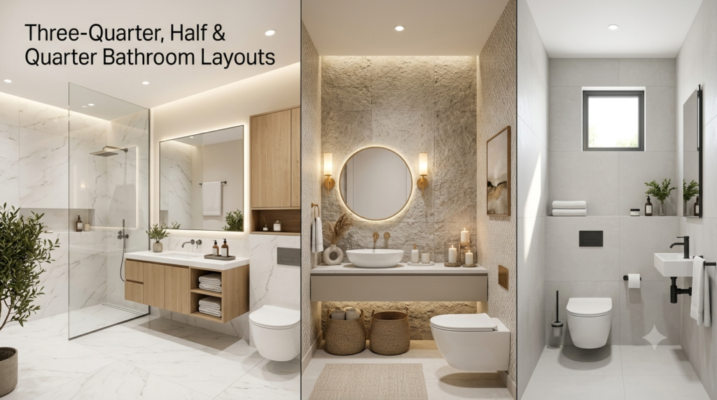 A luxury split-view image showing three-quarter, half, and quarter bathroom layouts with modern fixtures, efficient space planning, and premium interior finishes.