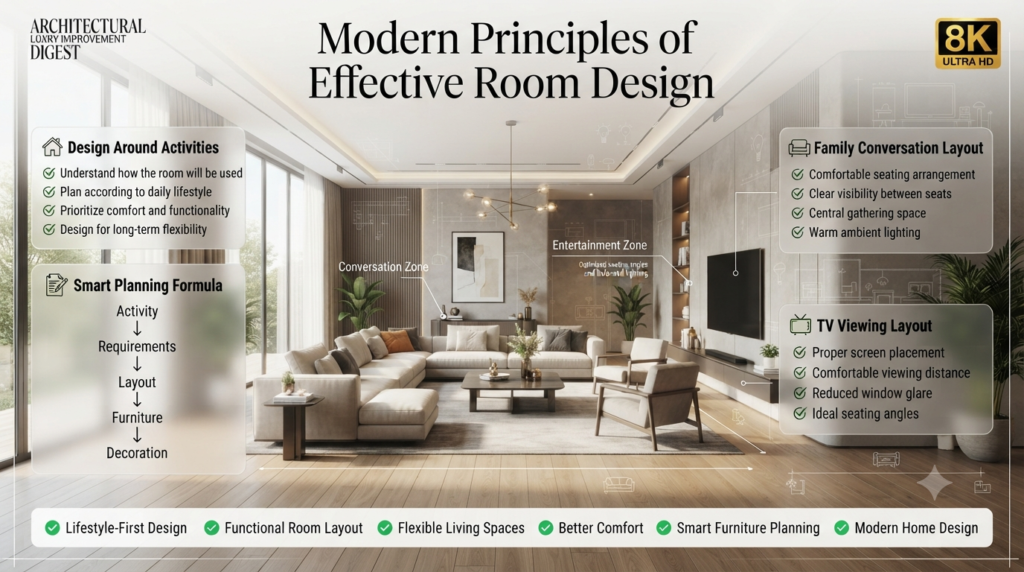 Modern home improvement infographic showing effective room design principles, including activity-based planning, flexible layouts, family conversation areas, TV viewing arrangements, and functional interior design strategies.Room Planning Ideas: Complete Guide to Designing 