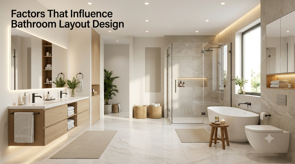 A luxury modern bathroom showcasing an efficient layout with a floating vanity, walk-in shower, freestanding tub, smart storage, and spacious circulation areas.