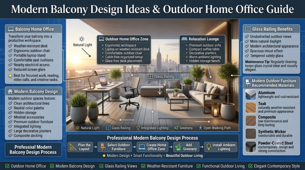 Luxury modern balcony infographic featuring an outdoor home office, frameless glass railing, premium weather-resistant furniture, modern materials, integrated lighting, and contemporary balcony design ideas.