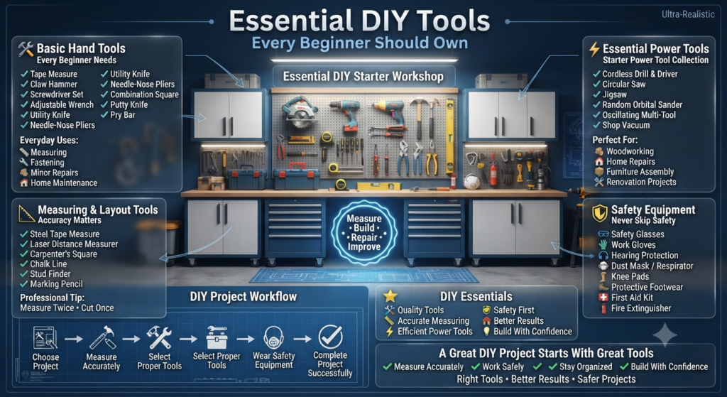 Luxury DIY workshop infographic showing essential beginner DIY tools, measuring equipment, power tools, safety gear, and a professional home workshop layout for successful home improvement projects.