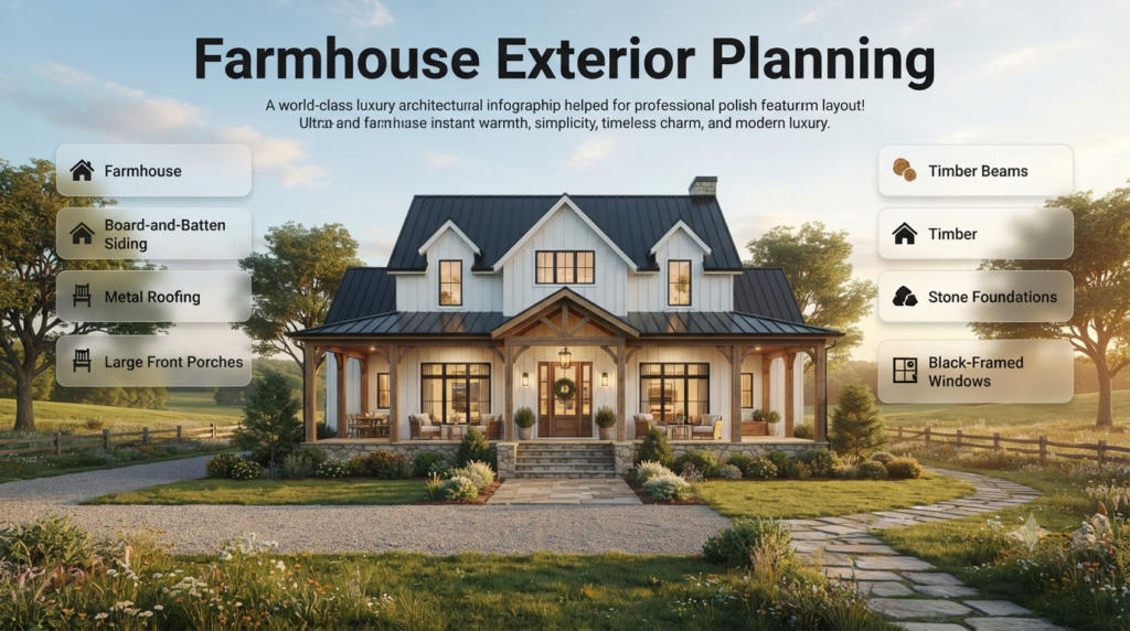 Modern farmhouse exterior featuring board-and-batten siding, metal roof, large front porch, timber beams, stone foundation, and black-framed windows in an infographic.