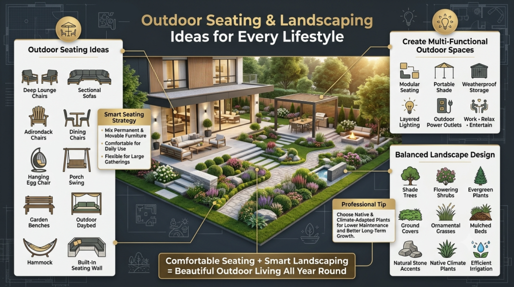 Luxury outdoor living infographic featuring a modern backyard with seating ideas, multi-functional patio design, and balanced landscaping elements.