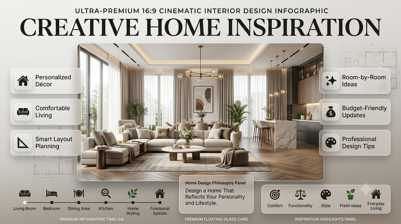 Modern home inspiration infographic featuring elegant living spaces, interior design ideas, stylish décor, layout planning, and budget-friendly decorating concepts.Creative Home Inspiration for Stylish & Functional Living