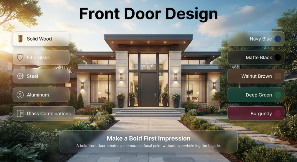 Luxury modern home's front entrance featuring a bold designer door in premium materials and colors with infographic callouts highlighting popular door materials and color choices.