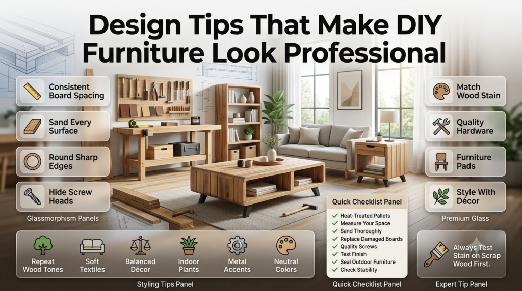 DIY woodworking infographic showing professional pallet furniture finishing tips, sanding, wood stain testing, quality hardware, styling, and home décor ideas.