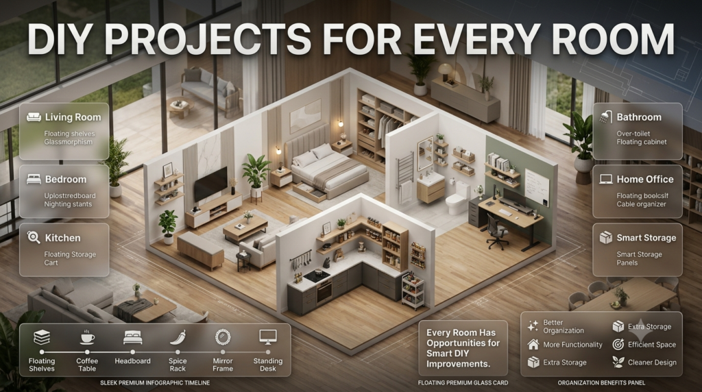 Home improvement infographic featuring DIY projects for the living room, bedroom, kitchen, bathroom, and home office with organized furniture and storage ideas.