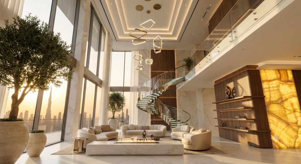 Layer heights with tall plants, floor lamps, wall shelves, artwork, furniture, and decorative accessories to create a balanced and stylish interior.