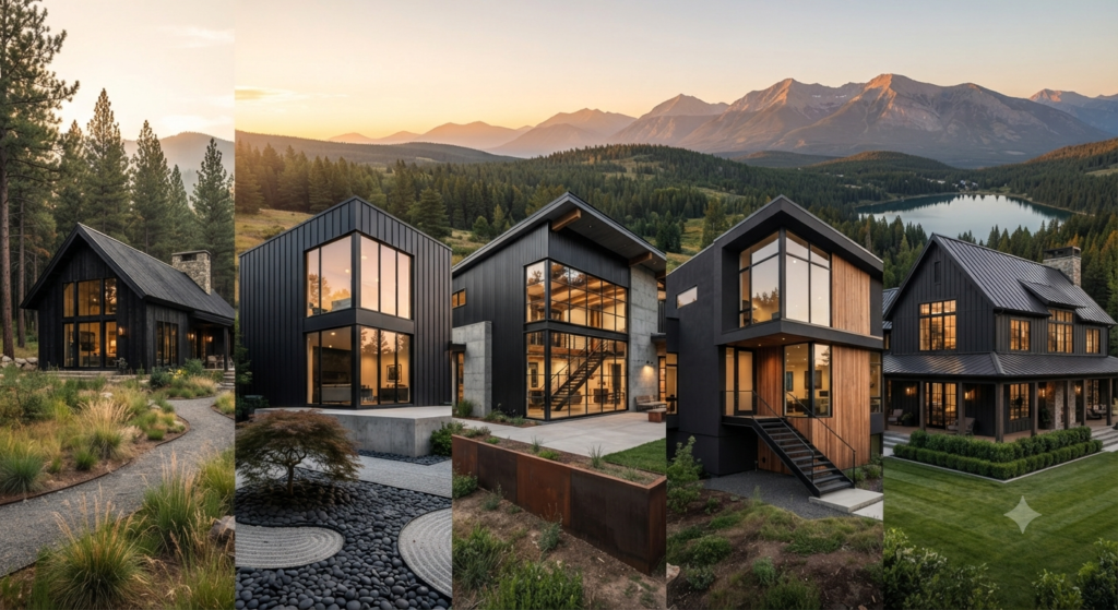 Popular architectural styles for black siding featuring modern homes, farmhouse exteriors, Scandinavian architecture, contemporary designs, and sleek black exterior finishes.