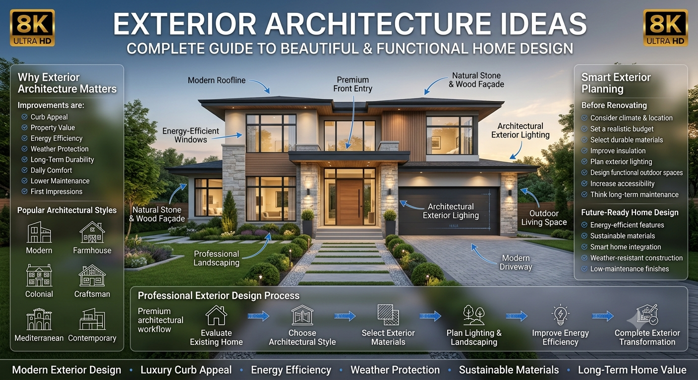 Modern residential home showcasing exterior architecture ideas with premium façade materials, landscaping, large windows, and enhanced curb appeal..Exterior Architecture Ideas for Modern Home Design