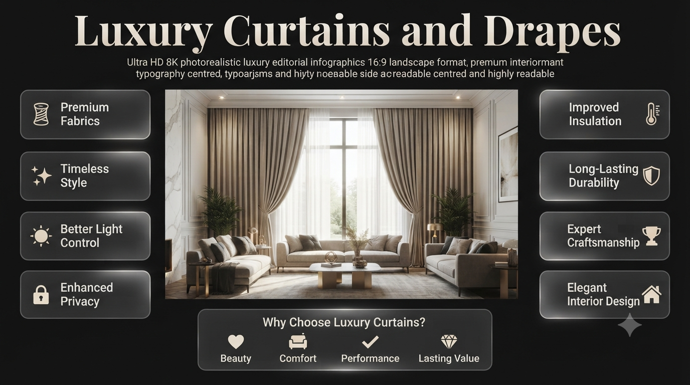 Elegant luxury curtains and drapes in a modern living room featuring premium fabrics, floor-to-ceiling windows, soft natural light, and sophisticated interior décor.