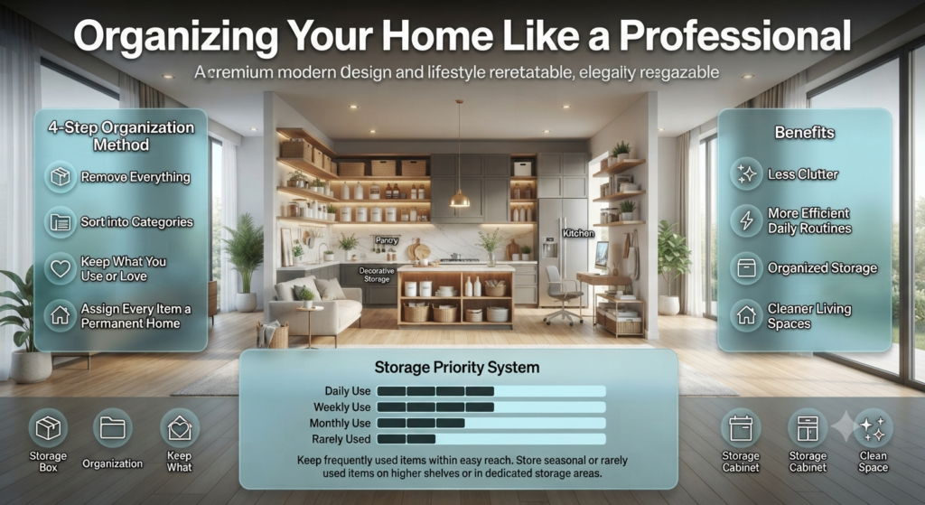 Premium home organization infographic showing a four-step decluttering method, organized storage zones, and a storage priority system for everyday household efficiency.