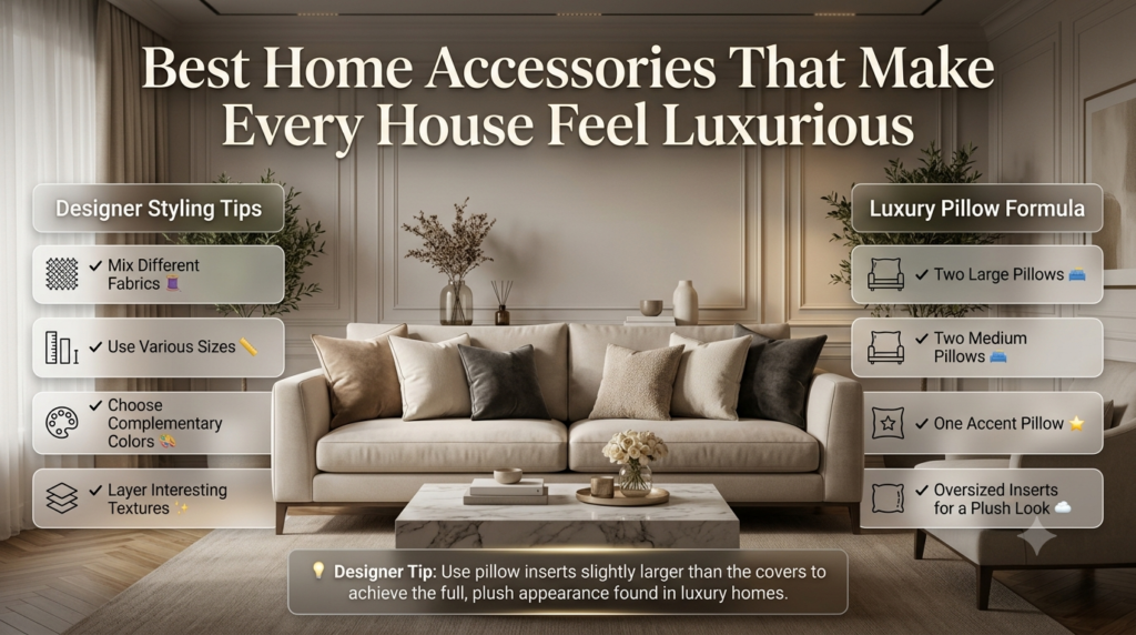 Luxury throw pillow infographic showing designer pillow arrangement, premium fabrics, layering techniques, and sofa styling tips for elegant interiors.