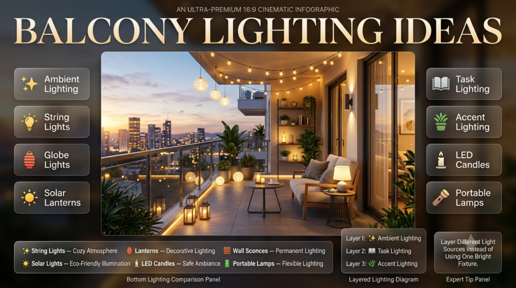 Apartment balcony lighting infographic featuring string lights, lanterns, solar lights, LED candles, wall sconces, layered lighting, and cozy outdoor seating.